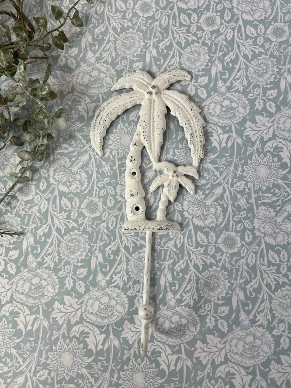 Palm Tree Wall Hook Hand Painted White Distressed Metal Coastal Home Decor